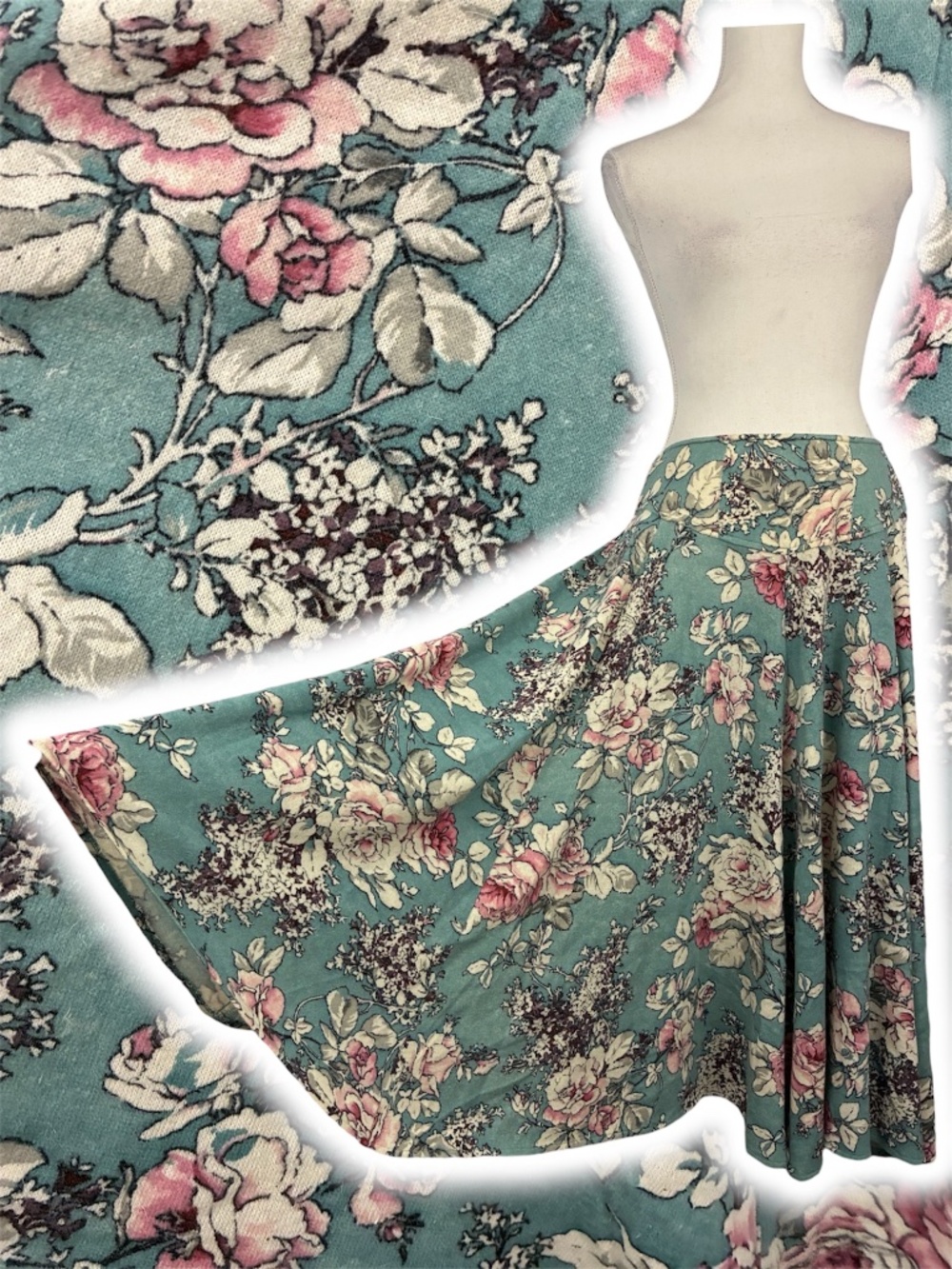 Angora Wool Full Maxi Skirt M Floral Cottagecore Long A-Line Circle Teal Green